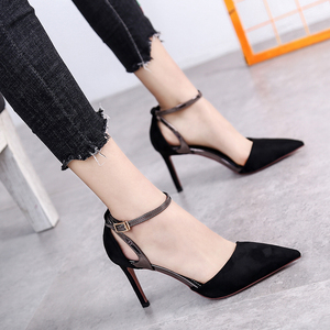 一字扣带高跟鞋女细跟8cm中空单根鞋2022新款百搭性感黑色工作鞋