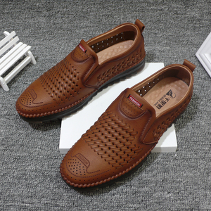 夏天凉鞋皮鞋男士透气镂空一脚蹬百搭牛筋底平底软皮爸爸鞋千里狼