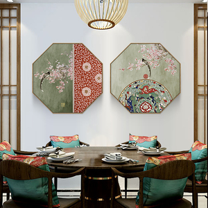 新中式花鸟挂画八边形餐馆饭店装饰画复古餐厅壁画茶室禅意墙画框