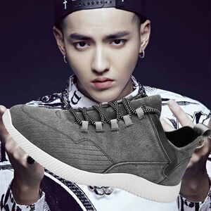 吴亦凡同款高帮男士新潮韩版板鞋秋季百搭学生网布休闲鞋灰色男鞋