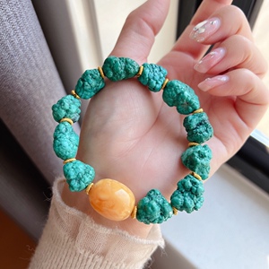天然湖北原矿绿松石随型籽手链高瓷蓝绿 搭配老蜜蜡枣珠 重36.6克