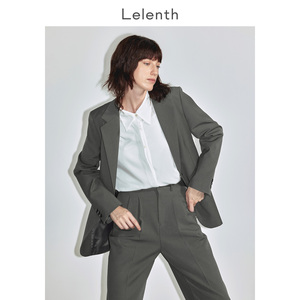 莱伦斯布灰绿色休闲西装外套女士冬季宽松廓形中长款加厚西服套装