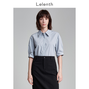 莱伦斯布浅蓝色设计感尖领七分袖衬衫女春小个子职场通勤衬衣套裙