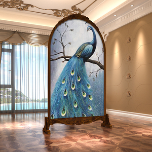简约现代实木欧式雕花轻奢屏风隔断客厅玄关北欧入户移动孔雀座屏