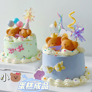 儿童节韩式复古生日蛋糕装饰网红成品小熊蛋糕烘焙生日帽气球插件