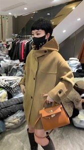 欧货韩版羊绒大衣女2023新款冬连帽设计感高级玫粉色羊毛呢子外套