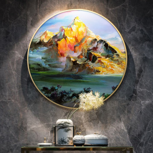背靠金山风景玄关手绘油画新中式客厅现代简约书房挂画圆形装饰画