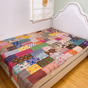 印度纯棉双层手工印花单人款拼布绗缝床盖床单