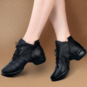 冬季黑色女舞蹈鞋软底中跟全牛皮秋冬水冰广场舞鞋加绒真皮跳舞鞋