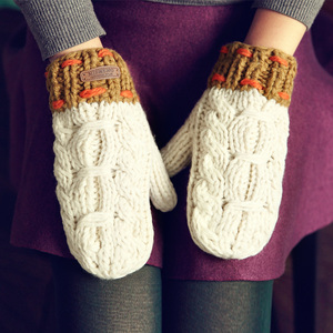 毛线手套冬天女可爱韩版加绒加厚保暖针织连指羊毛手套 圣诞礼物
