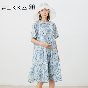 蒲PUKKA 原创设计夏季亚麻宽松印花短袖碎褶蛋糕连衣裙