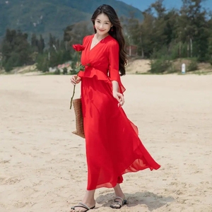 大红色中袖大摆连衣裙荷叶边雪纺长裙沙滩裙西藏沙漠云南旅游裙子