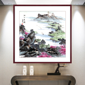 纯手绘真迹正方形山水画斗方小品画写意画餐厅书房挂画带框画