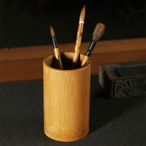 原竹制笔筒收纳盒雕刻复古木质天然创意办公桌梅兰菊简约摆件笔桶