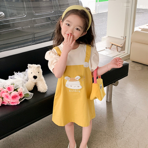 女宝宝裙子夏款女童连衣裙夏装小童短袖夏季儿童黄色背带裙假两件