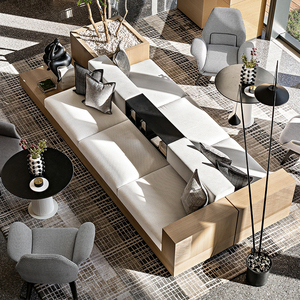 现代中式售楼处创意三人双人卡座沙发定制茶楼会所北欧原木色家具