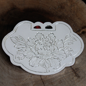 足银长命锁片纯银手工錾刻富贵牡丹项链吊坠原创银饰定做宝宝送礼