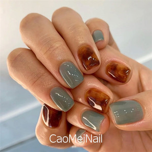 caomei nail 果冻灰绿琥珀 短款穿戴甲片美甲成品贴片假指甲x