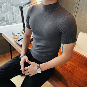秋冬韩版修身男士半高领短袖T恤型男紧身弹力针织衫中领打底线衫