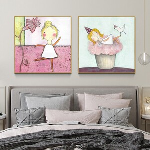 手绘油画北欧儿童房装饰画现代简约壁画卧室床头挂画女孩卡通墙画