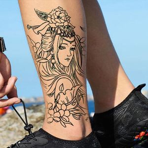 落泪艺妓龙姬割线半壁小腿纹身贴防水持久个性男女性感仿真刺青