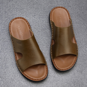 纯手工男士皮拖鞋夏外穿防滑简约一字拖软皮软底真皮全牛皮男拖鞋