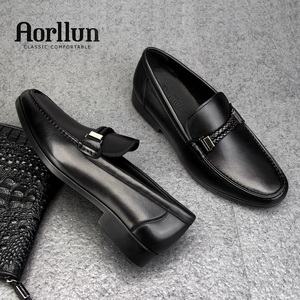 奥勒伦秋季男乐福鞋真皮一脚蹬男鞋套脚商务休闲轻底黑色手工皮鞋
