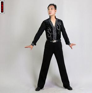 拉丁舞服男成年国标舞男士上衣赛服大人表演三步踩舞服装演出镶钻