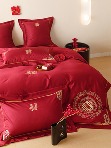 新中式婚庆四件套红色结婚床上用品全棉纯棉新婚囍嫁婚房喜被六件