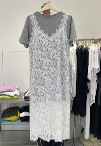 韩国K 白色蕾丝拼接吊带裙套装女2024夏休闲短袖T恤裙叠穿两件套