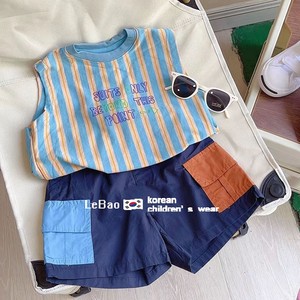 韩国童装男童夏装套装宝宝时髦条纹纯棉背心T恤儿童痞帅蓝色短裤