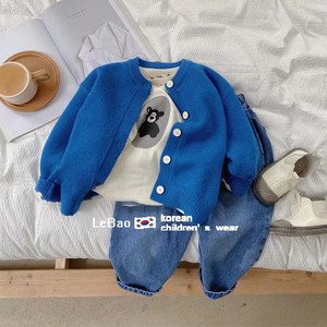 韩范童装男童针织蓝色毛衣2024春季新款时髦百搭单排扣长袖外套潮