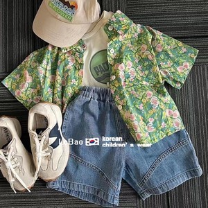 韩版童装男童短袖衬衫宝宝洋气时髦休闲百搭印花绿色衬衣儿童夏装