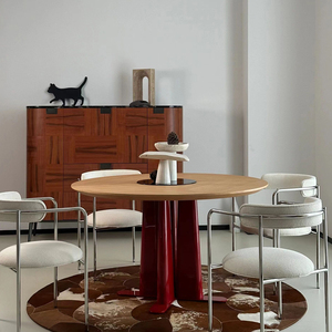 意式圆餐桌现代简约法式设计师创意艺术饭桌中古烤漆圆形红色餐台