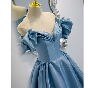 晚礼服长裙女2024新款高端蓝色缎面法式高级感一字肩主持人演出服