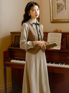 复古民国小洋装连衣裙女英伦学院风裙子马甲两件套装名媛气质长裙