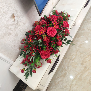 新中式红色仿真会议桌花长桌摆花办公室桌面装饰假花摆件签到台花