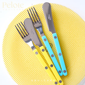新品 法国正品Sabre Paris黄色水蓝色亮面西餐具刀叉勺高级套装