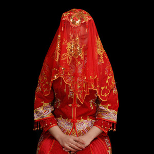 结婚新娘红盖头秀禾服蒙头半透明红头纱中式流苏刺绣喜帕搭配喜称