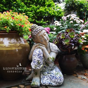 别墅花园庭院睡佛装饰品禅意摆件园艺造景东南亚落地彩绘青花佛像