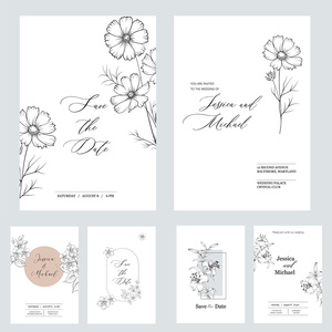 1188黑白手绘简笔花朵花卉婚礼请柬邀请函卡生日海报ai矢量素材