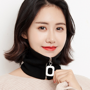 黑色纯羊毛加厚围脖女冬套头护颈椎方扣拉链针织假高领子保暖领圈