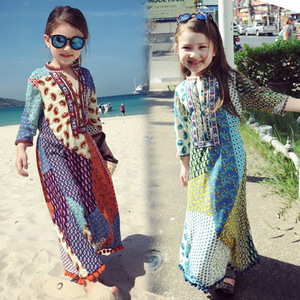 女童波西米亚沙滩长裙儿童七分长袖民族风连衣裙中大童母女亲子装