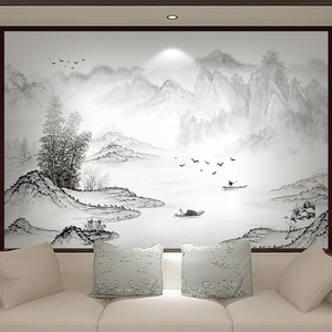 客厅电视背景墙纸中国风饭店壁纸酒店床头墙布新中式水墨山水画