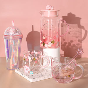 网红piyo皮哟猪粉色樱花杯大容量水壶吸管水杯早餐杯把手咖啡杯