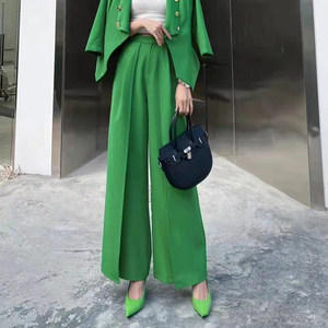 阔腿裤女2022年新款绿色直筒宽松高腰开叉垂感显瘦休闲西装长裤夏