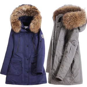 女士冬羽绒服外套连帽修身白鸭绒拉链派克服大鹅款毛领中长款加厚