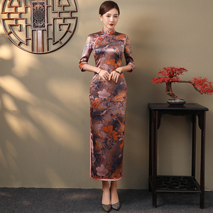 新款大气印花中袖全开襟高档醋酸修身长款旗袍秀观唐服饰旗舰店