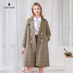郁香菲2021春季新款格子呢子大衣时尚翻领双排扣a版型中长款外套