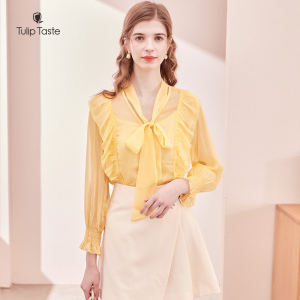 郁香菲衬衫女高级感2022春季新款时尚休闲雪纺系带荷叶边袖口上衣